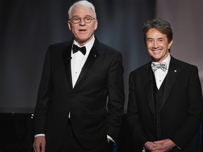 Actors Steve Martin, left, and Martin Short speak onstage during American Film Institute's 45th Life Achievement Award Gala Tribute to Diane Keaton at Dolby Theatre on June 8, 2017 in Hollywood, Calif. (Kevin Winter/Getty Images)