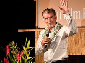 Pierce Brosnan. recipient of the Pathfinder Award, speaks during the "Celestial Cinema" on day three of the 2017 Maui Film Festival At Wailea on June 23, 2017 in Wailea, Hawaii.  (Matt Winkelmeyer/Getty Images)