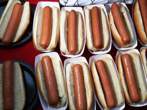 Hot dogs are on ready to be eaten during the American Meat Institute's annual Hot Dog Lunch in the Rayburn courtyard on July 19, 2017 in Washington, DC. (Joe Raedle/Getty Images)