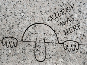 This July 30, 2009 photo shows the graffiti "Kilroy was here" made famous by US GI's during WWII and engraved on a panel at the WWII Memorial in Washington, DC.