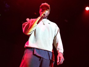 Kanye West onstage at adidas Creates 747 Warehouse St. - an event in basketball culture on February 17, 2018 in Los Angeles, Calif. (Neilson Barnard/Getty Images for adidas)