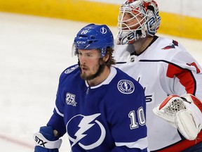 J.T. Miller of the Tampa Bay Lightning takes up position in front of Braden Holtby of the Washington Capitals during the first period in Game Two of the Eastern Conference Finals during the 2018 NHL Stanley Cup Playoffs at Amalie Arena on May 13, 2018 in Tampa, Florida. (Mike Carlson/Getty Images)