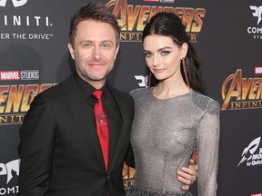 Chris Hardwick (L) and Lydia Hearst attend the Los Angeles Global Premiere for Marvel Studios' "Avengers: Infinity War" on April 23, 2018 in Hollywood, Calif.
