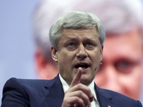 Former Prime Minister of Canada Stephen Harper speaks at the 2017 American Israel Public Affairs Committee (AIPAC) policy conference in Washington on March 26, 2017. (The Canadian Press/Jose Luis Magana)
