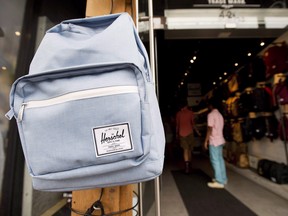 A Herschel backpack is showcased at te Koop retail store in Toronto on August 18, 2015. (The Canadian Press/Nathan Denette)
