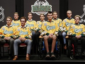 Members of the Humboldt Broncos  attend a news conference Tuesday, June 19, 2018, in Las Vegas.