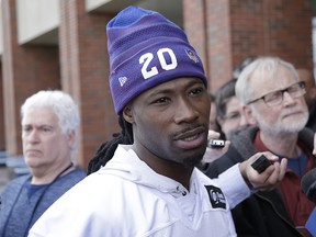 New York Giants' Janoris Jenkins speaks to reporters before their spring camp in East Rutherford, N.J., Tuesday, April 24, 2018. (AP Photo/Seth Wenig)