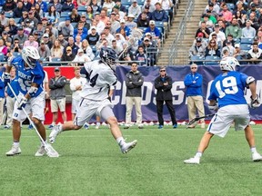 Yale Bulldogs' Matthew Gaudet (44) shoots against Duke Blue Devils during the NCAA men's lacrosse final at Gillette Stadium in Foxborough, Mass., on May 28, 2018. (The Canadian Press/HO - Yale University)