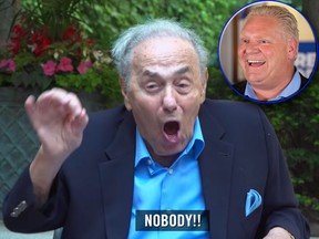 Former Toronto mayor Mel Lastman appears in a video endorsing Ontario PC Party Leader Doug Ford (inset) in the election.  (YouTube screenshot/THE CANADIAN PRESS/Andrew Ryan)
