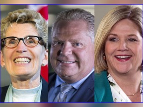 Kathleen Wynne, Doug Ford and Andrea Horwath are seen in file photos.