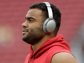In this Dec. 24, 2017, file photo, San Francisco 49ers defensive end Solomon Thomas warms up before the team's NFL football game against the Jacksonville Jaguars in Santa Clara, Calif.
