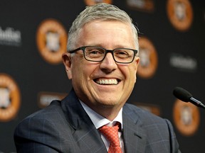 Houston Astros' Jeff Luhnow smiles during a news conference to announce his promotion to President of Baseball Operations and General Manager Monday, June 18, 2018, in Houston.