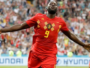 Belgium's Romelu Lukaku celebrates after he scored his side's third goal during the Group G match between Belgium and Panama at the 2018 soccer World Cup in the Fisht Stadium in Sochi, Russia, Monday, June 18, 2018.
