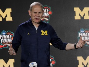 Michigan head coach John Beilein answers questions after a practice session for the Final Four NCAA college basketball tournament, in San Antonio on March 29, 2018. (AP Photo/David J. Phillip)
