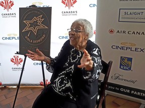 Wanda Robson, Viola Desmond's sister, gestures during a ceremony unveiling Viola's star on Canada's Walk of Fame in Halifax, Friday, June 29, 2018. (The Canadian Press/Alex Cooke)