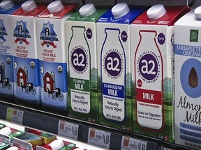 In this Friday, May 18, 2018 photo, A2 milk is displayed on the shelf at The Fresh Market in Latham, N.Y. So-called A2 milk is showing up on more supermarket shelves.