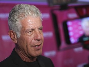 FILE - In this Oct. 5, 2017 file photo, Executive Producer and narrator chef Anthony Bourdain attends the premiere of "Wasted! The Story of Food Waste" at the Alamo Drafthouse Cinema in New York.  Bourdain has been found dead in his hotel room in France, Friday, June 8, 2018,  while working on his CNN series on culinary traditions around the world.