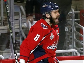 Capitals forward Alex Ovechkin celebrates his goal against the Vegas Golden Knights during the second period in Game 3 of the Stanley Cup final, Saturday, June 2, 2018, in Washington.