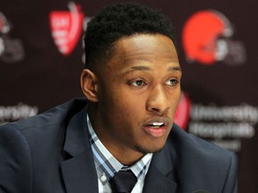In this March 15, 2018, file photo, Cleveland Browns' Damarious Randall speaks at an NFL football news conference in Berea, Ohio