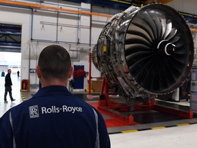 This file photo taken on Nov. 30, 2016, shows a Rolls Royce Trent XWB engine on view on the assembly line at the Rolls Royce factory in Derby, central England.