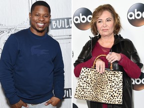 Jason Mitchell and Roseanne Barr. ( Nicholas Hunt/Getty Images and Richard Shotwell/Invision/AP, File)