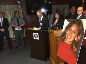 Lancaster County District Attorney Craig Stedman announces charges in a 1992 cold case killing during a news conference at the Lancaster County Courthouse in Lancaster, Pa., Monday, June 25, 2018. (AP Photo/Mark Scolforo)
