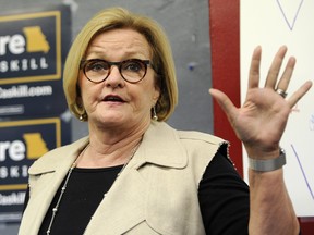 Sen. Claire McCaskill, D-Mo., speaks to supporters at the opening of her campaign field office in Ferguson, Mo. on May 18, 2018. (AP Photo/Bill Boyce)