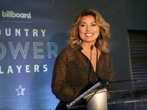 Shania Twain speaks on stage as Billboard celebrates the Country Music industry with Country Power Players at in Nashville on June 5, 2018.