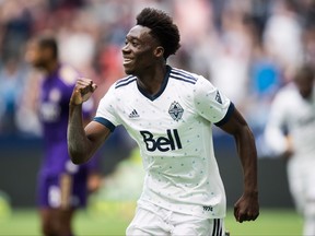 Vancouver Whitecaps' Alphonso Davies celebrates his goal against Orlando City during the second half of an MLS soccer game in Vancouver, on Saturday June 9, 2018. (The Canadian Press/Darryl Dyck)