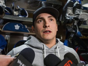 Soon-to-be free agent Tyler Bozak speaks to media during the Leafs locker clean out at the Air Canada Centre in Toronto, Ont. on Friday April 27, 2018. Ernest Doroszuk/Toronto Sun/Postmedia Network