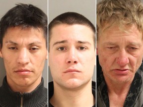 (From left to right) Dallas Albert Rain, 26, Quinn Russel Peterson, 26, and Douglas Brian Power, 52, are shown in undated police handout photos.