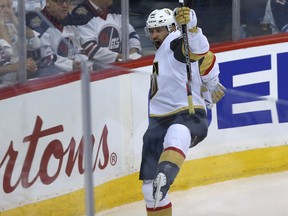Vegas Golden Knights forward Tomas Tatar celebrates his goal against the Winnipeg Jets during Game 2 of the Western Conference final on May 14, 2018