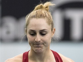 Gabriela Dabrowski reacts during her match against Kateryna Bondarenko at the Fed Cup tennis tournament in Montreal, Sunday, April 22, 2018. (The Canadian Press/Graham Hughes)