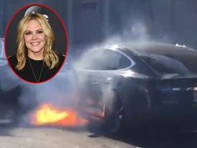 Actor Mary McCormack posted a video on Twitter claiming her husband's Tesla car was shooting fire in traffic. (Getty Images/Twitter)
