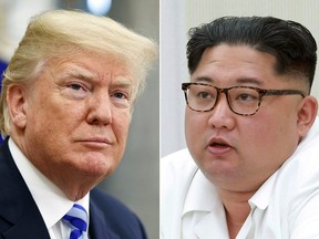 This combination of file photos show U.S. President Donald Trump, left, in the Oval Office of the White House in Washington on May 16, 2018, and North Korean leader Kim Jong Un during a meeting of the 7th central military commission at an undisclosed place in North Korea, in the photo provided on May 18, 2018.