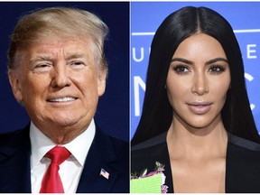 This combination photo shows U.S. President Donald Trump at a campaign rally in Moon Township, Pa., on March 10, 2018, left, and Kim Kardashian West at the NBCUniversal Network 2017 Upfront in New York on May 15, 2017.