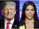 This combination photo shows U.S. President Donald Trump at a campaign rally in Moon Township, Pa., on March 10, 2018, left, and Kim Kardashian West at the NBCUniversal Network 2017 Upfront in New York on May 15, 2017.