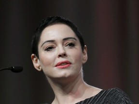 In this Oct. 27, 2017, file photo, actress Rose McGowan speaks at the inaugural Women's Convention in Detroit.