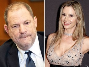 Harvey Weinstein (L) arrives in State Supreme Court on June 5, 2018 in New York City. Mira Sorvino (R) attends The Weinstein Company and Netflix Golden Globe Party, presented with FIJI Water, Grey Goose Vodka, Lindt Chocolate, and Moroccanoil at The Beverly Hilton Hotel on Jan. 8, 2017 in Beverly Hills, Calif.  (Steven Hirsch-Pool/Getty Images/Tommaso Boddi/Getty Images for The Weinstein Company)