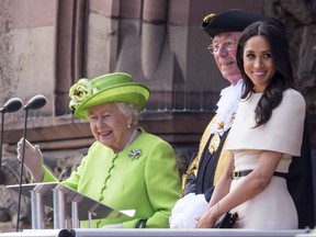 The Queen and the Duchess of Sussex, visits Cheshire on their first official Royal engagement together, June 14, 2018. (Euan Cherry/WENN.com)