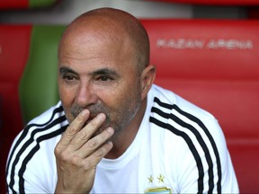Argentina coach Jorge Sampaoli looks on during Saturday's loss to France. (GETTY IMAGES)