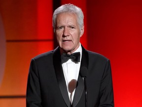 Alex Trebek speaks at the 44th annual Daytime Emmy Awards at the Pasadena Civic Center in Pasadena, Calif. on April 30, 2017. (Chris Pizzello/Invision/AP)