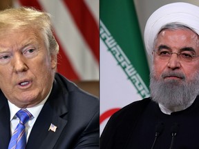 This combination of pictures shows U.S. President Donald Trump speaking during a cabinet meeting on July 18, 2018, at the White House in Washington, DC. AND President Hassan Rouhani giving a speech on Iranian TV in Tehran on May 2, 2018. (Nicholas Kamm/Getty Images / Iranian Presidency/HO)