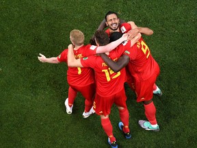 Nacer Chadli of Belgium celebrates after scoring his team's third goal with team mates during the 2018 FIFA World Cup Russia Round of 16 match between Belgium and Japan at Rostov Arena on July 2, 2018 in Rostov-on-Don, Russia.  (Shaun Botterill/Getty Images)