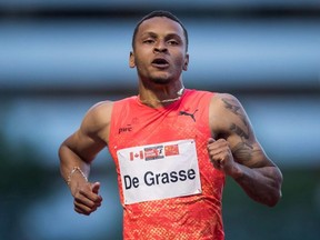Andre De Grasse pulled up with an apparent hamstring injury in the 200-metre semifinals at the Canadian track and field championships, in Burnaby, B.C., on June 26, 2018.