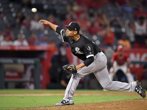 Chicago White Sox relief pitcher Joakim Soria throws during the ninth inning of the team's baseball game against the Los Angeles Angels on Tuesday, July 24, 2018, in Anaheim, Calif.