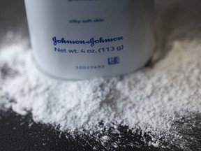 In this photo illustration, a container of Johnson's baby powder made by Johnson and Johnson sits on a table in San Francisco on July 13, 2018.