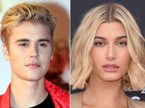 This combination photo shows singer Justin Bieber at the Cannes festival palace in Cannes, southeastern France on Nov. 7, 2015, left, and model Hailey Baldwin at the Billboard Music Awards in Las Vegas on May 20, 2018.