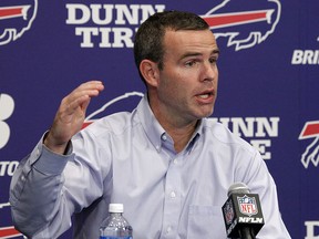 In this Jan. 9, 2018, file photo, Buffalo Bills general manager Brandon Beane addresses the media during an end-of-season NFL football news conference, in Orchard Park, N.Y. (AP Photo/Jeffrey T. Barnes, File)