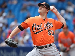 Zach Britton of the Baltimore Orioles delivers a pitch against the Toronto Blue Jays at Rogers Centre on July 21, 2018 in Toronto. (Tom Szczerbowski/Getty Images)